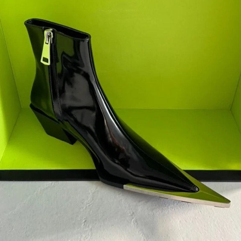 Chunky Heel Metal Toe High Heel Side Zipper Ankle Boots foto 5