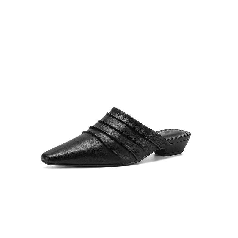 Women's Handmade Full-Grain Sheepskin Ruched Mule Slides, Square-Toe Low-Heel Leather Backless Shoes With Pigskin Lining foto 2