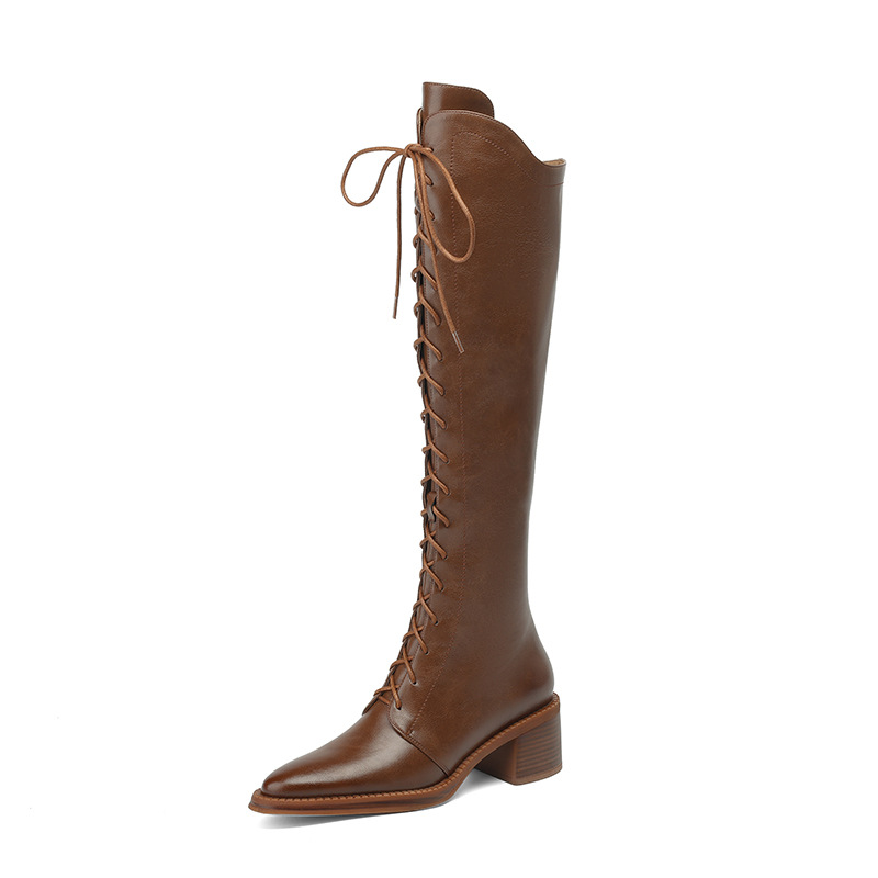 Brown Womens New Pointed-toe High-heeled Mid-calf Leather Boots foto 5