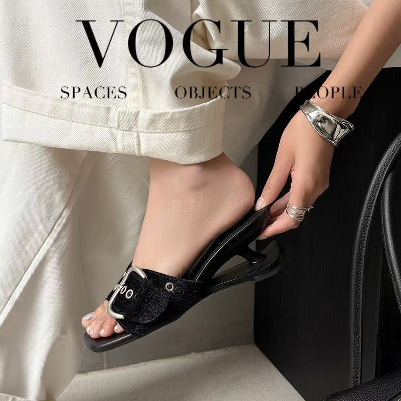 Women's Handcrafted Horsehair Buckle Slide Sandals, Square Toe Sculptural Heel Mules With Pigskin Lining & Sheepskin Insole foto 2