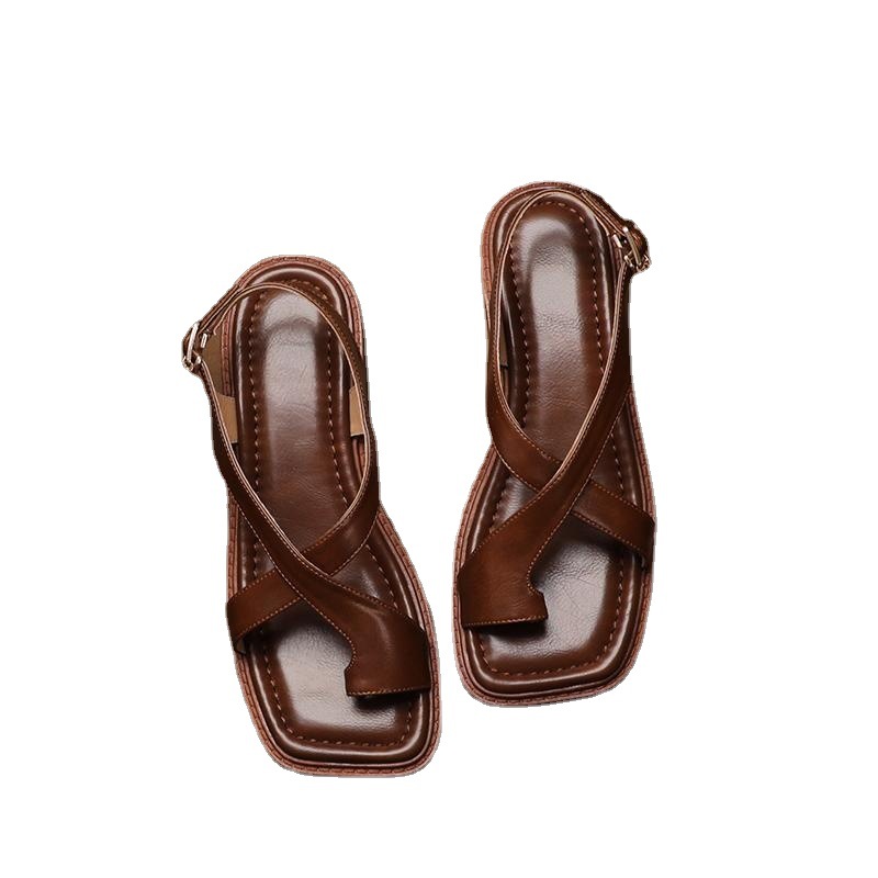 French Retro Brown Toe Ring Sandals foto 3