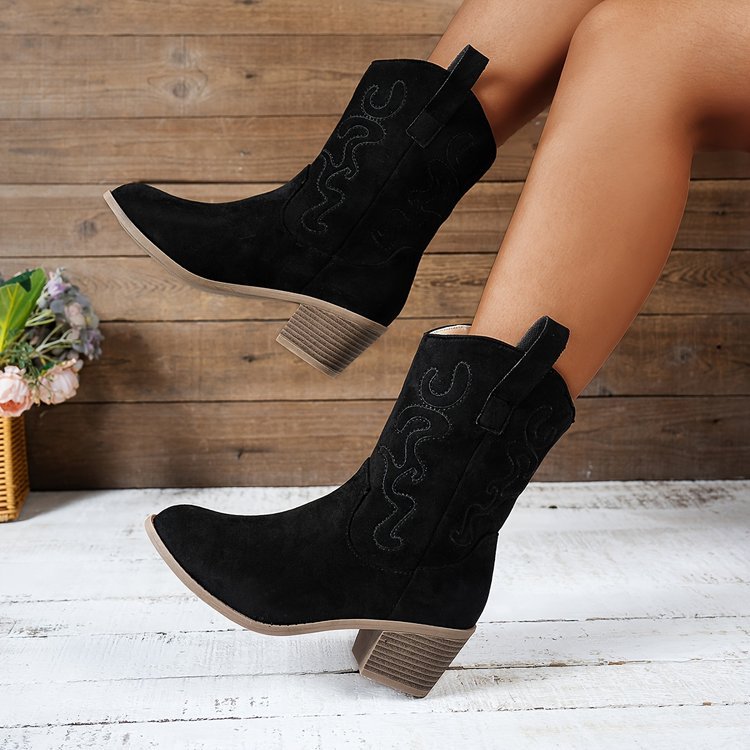 Pointed Toe Western Boots Fashion Retro Embroidered Chunky Square-heeled Mid-calf Boot For Women foto 5