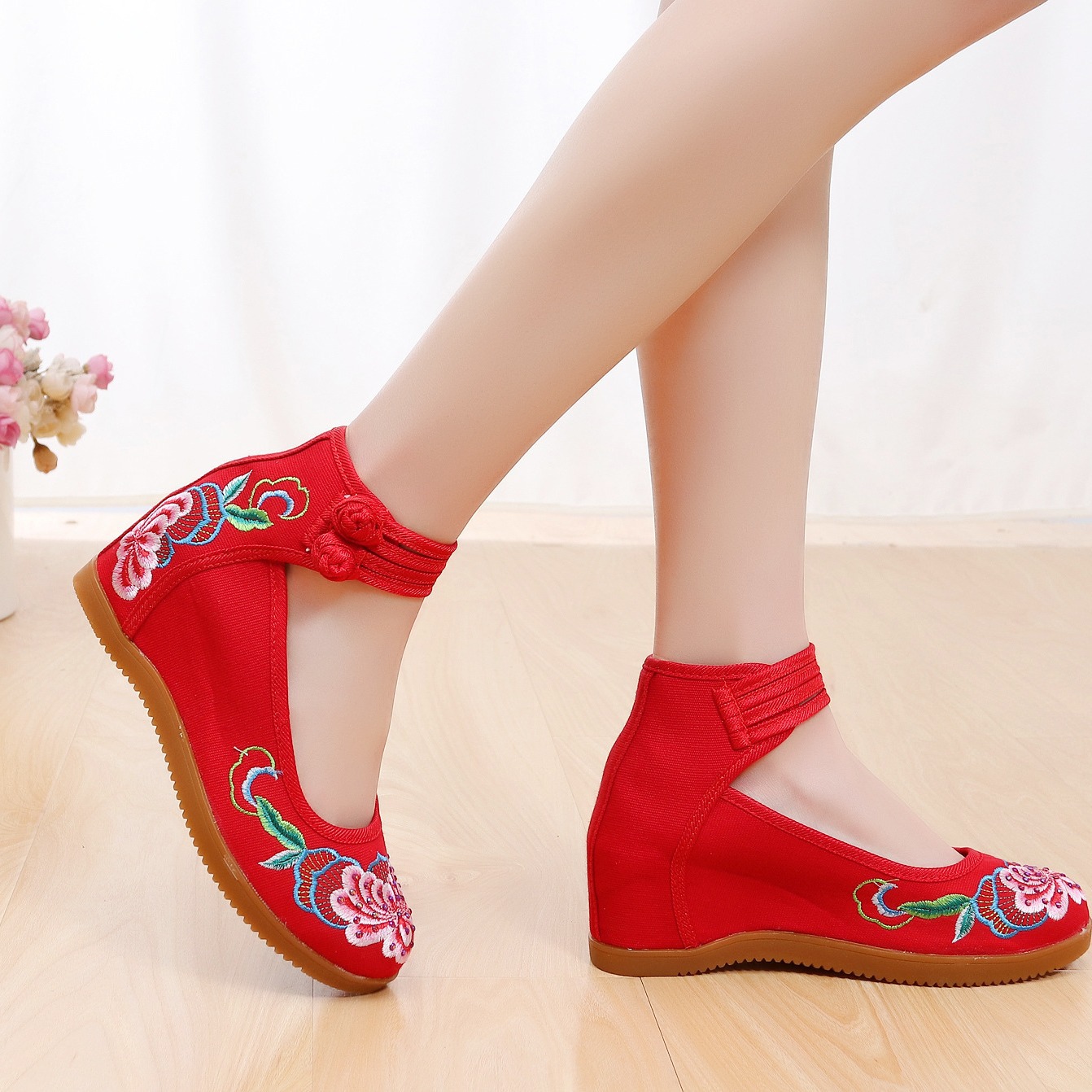 Women's Rhinestone Ethnic Style Double Buckle Canvas High Heels foto 4