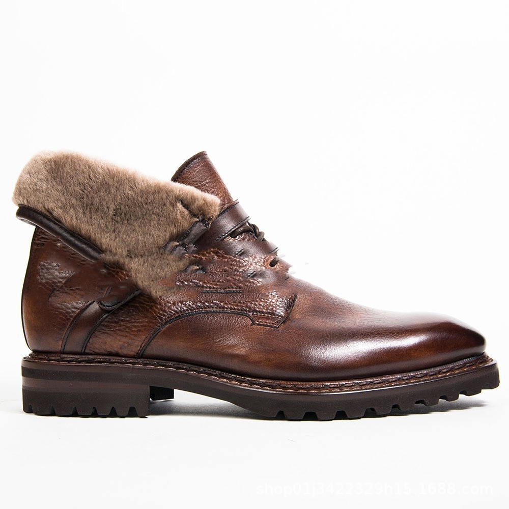 Round Head Front Lace-up Wool Mouth Low-cut British Style Chunky Heel Low Men's Boots foto 2