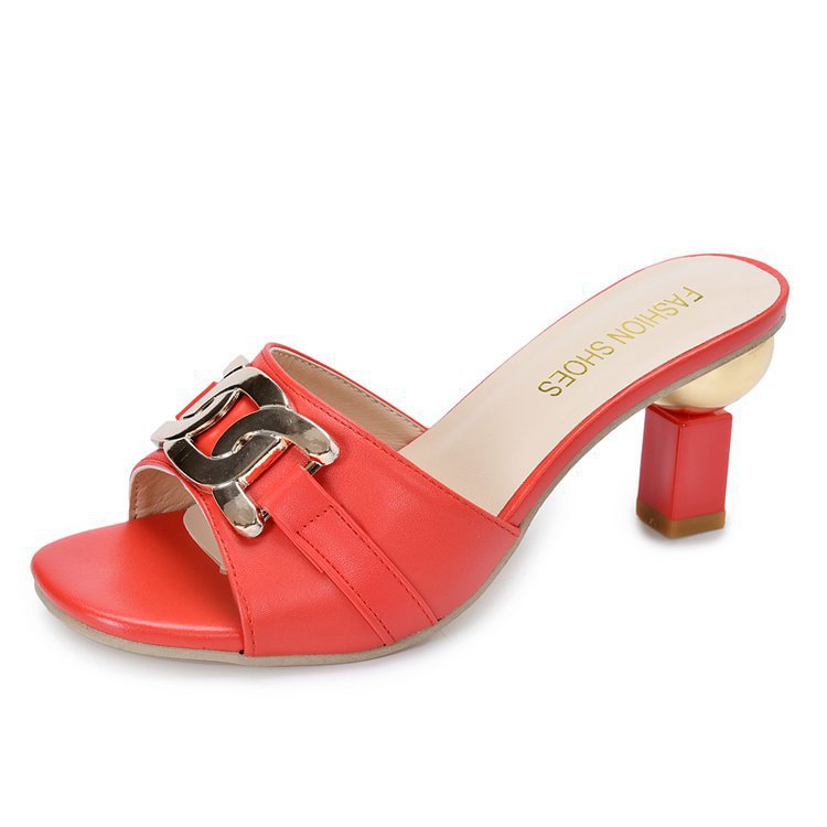 Womens Metal-buckle High-heeled Peep-toe Slippers foto 4