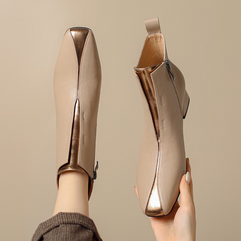 Womens Retro Square-Toe Sheepskin Chunky-Heel Ankle Boots foto 4