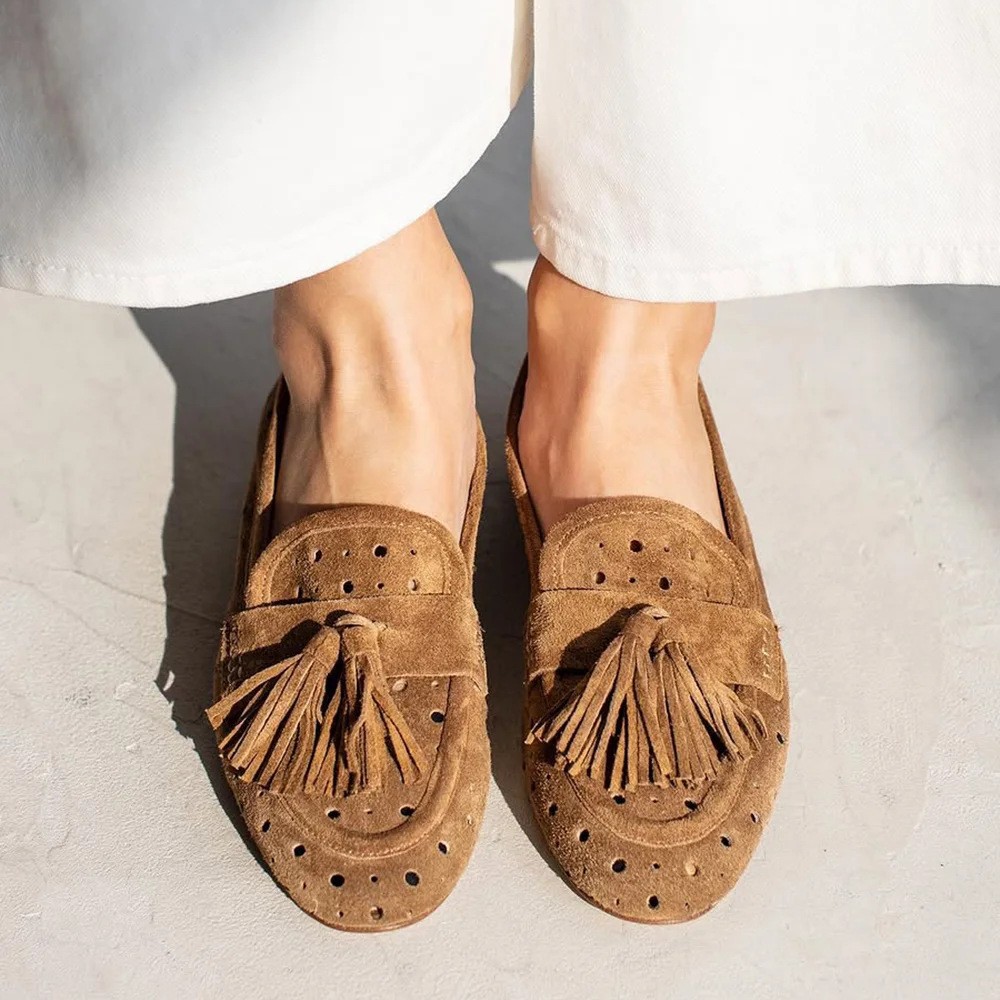 Retro Closed Toe Suede Tassel Brown Shoes foto 2