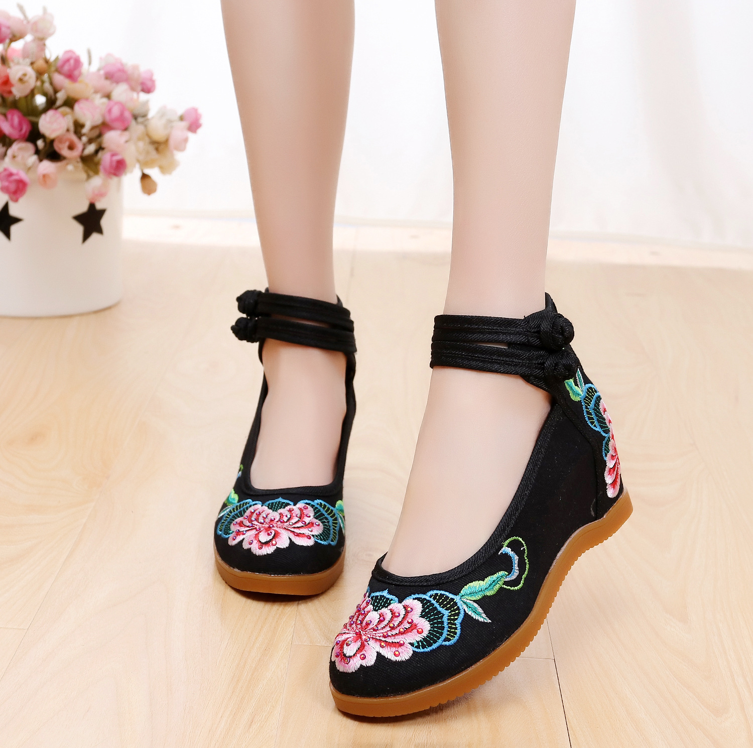 Women's Rhinestone Ethnic Style Double Buckle Canvas High Heels foto 3