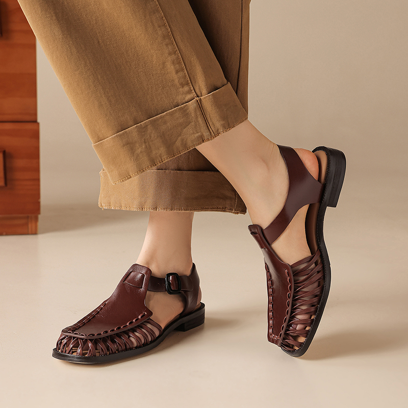 Women's Handmade Oil-Tanned Leather Fisherman Sandals, Cross-Strap Square Toe Adjustable Buckle Flats foto 5