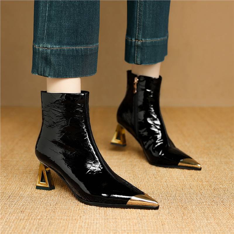 Wine-Red Sheepskin Patent Leather Pointed-Toe Ankle Boots For Women With A Stiletto Heel foto 5