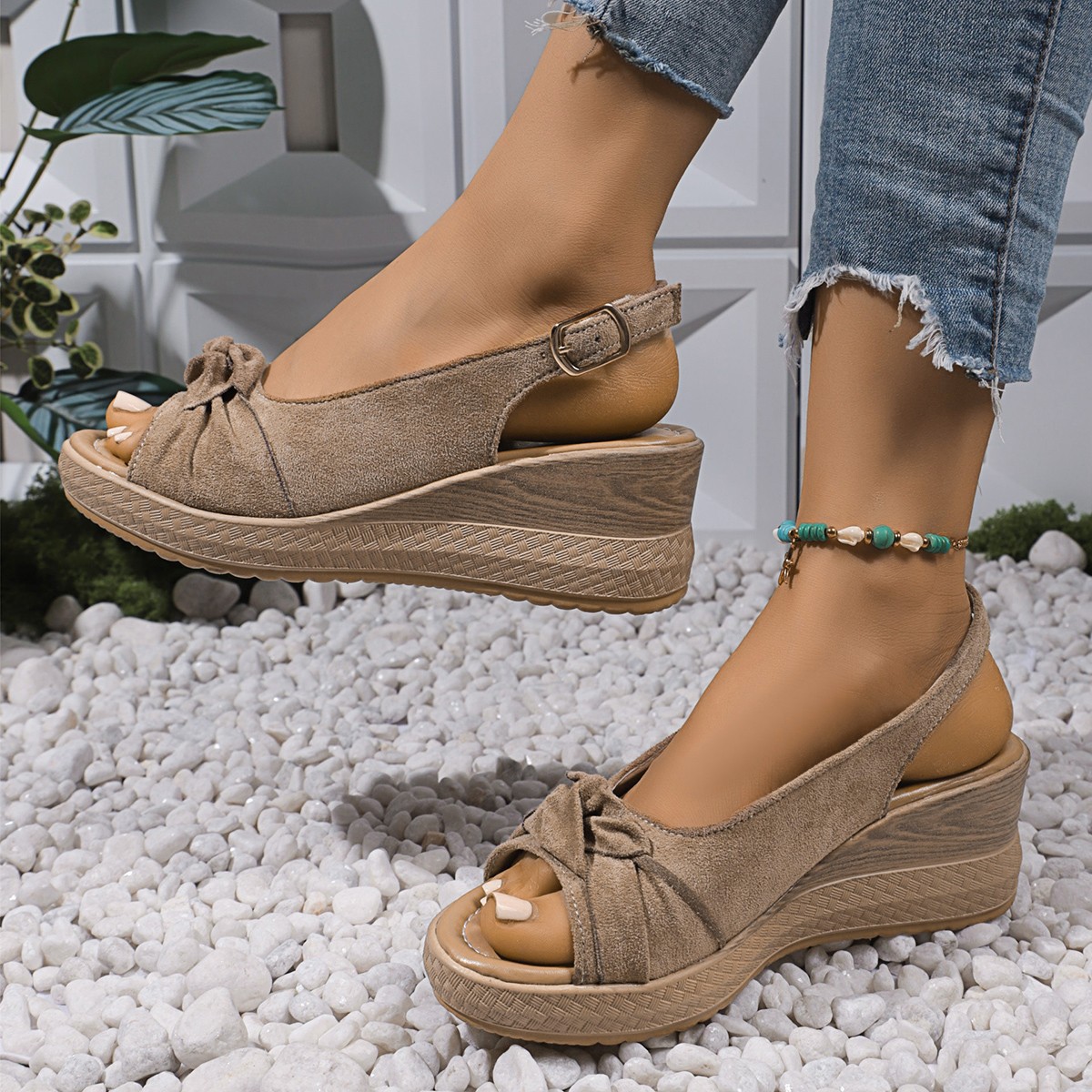 Women's Plus Size Hemp Rope Bow Wedge Casual Sandals foto 3