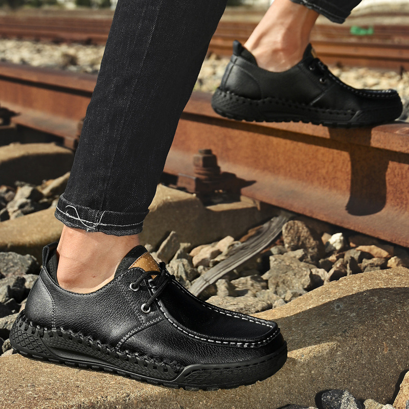 Men's Casual Leather Shoes Hand-stitched Bottom Lightweight Low Top foto 4