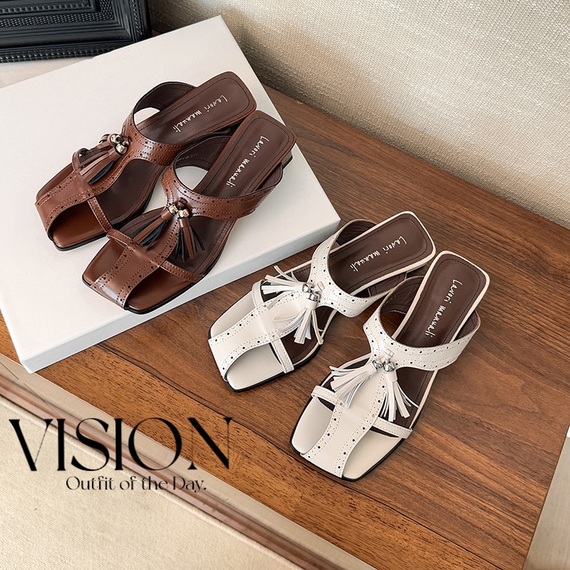 Women's Leather Tassel Slide Sandals, Square Toe Block Heel Mules foto 3