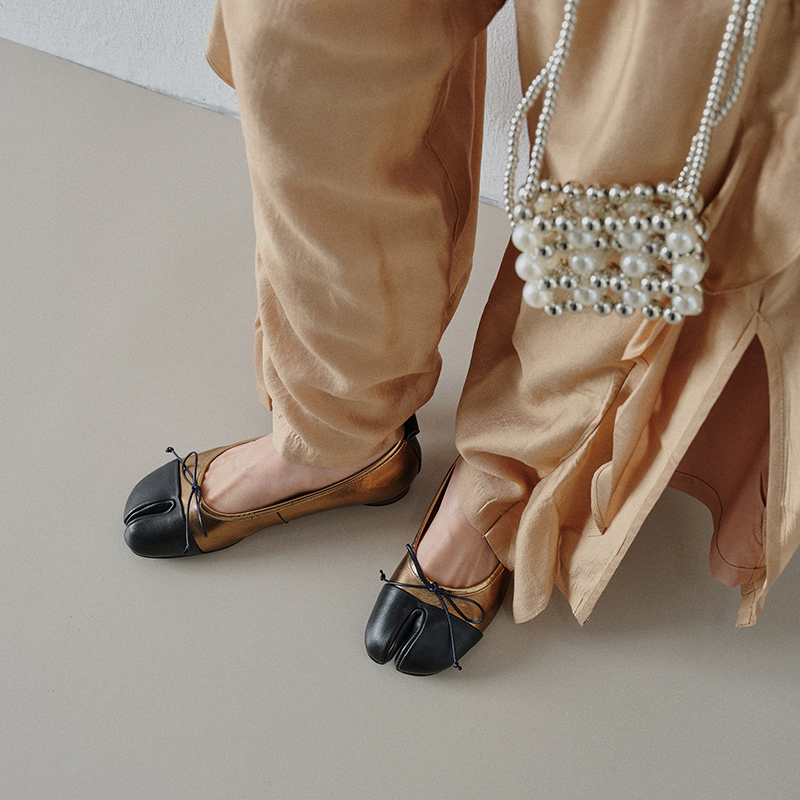Women's Premium Full Grain Leather Split Toe Ballet Flats, Retro Tabi Bow Flat Shoes foto 3