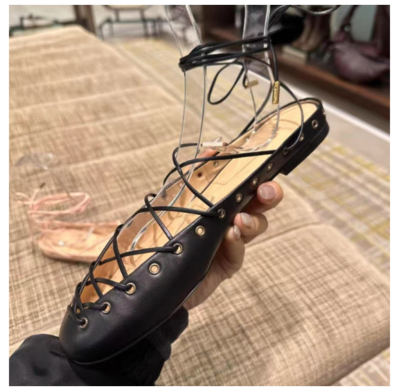Womens Niche Leather Cross-Strap Ballet Flats Roman Sandals foto 4