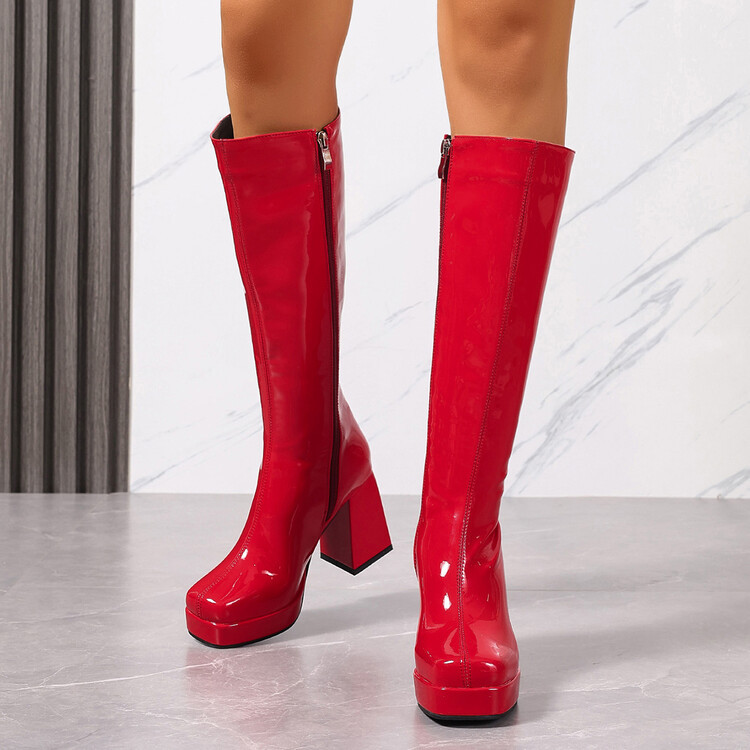 Fashionable Patent Leather High-top Equestrian Boots With A Chunky Heel And Side Zipper foto 4