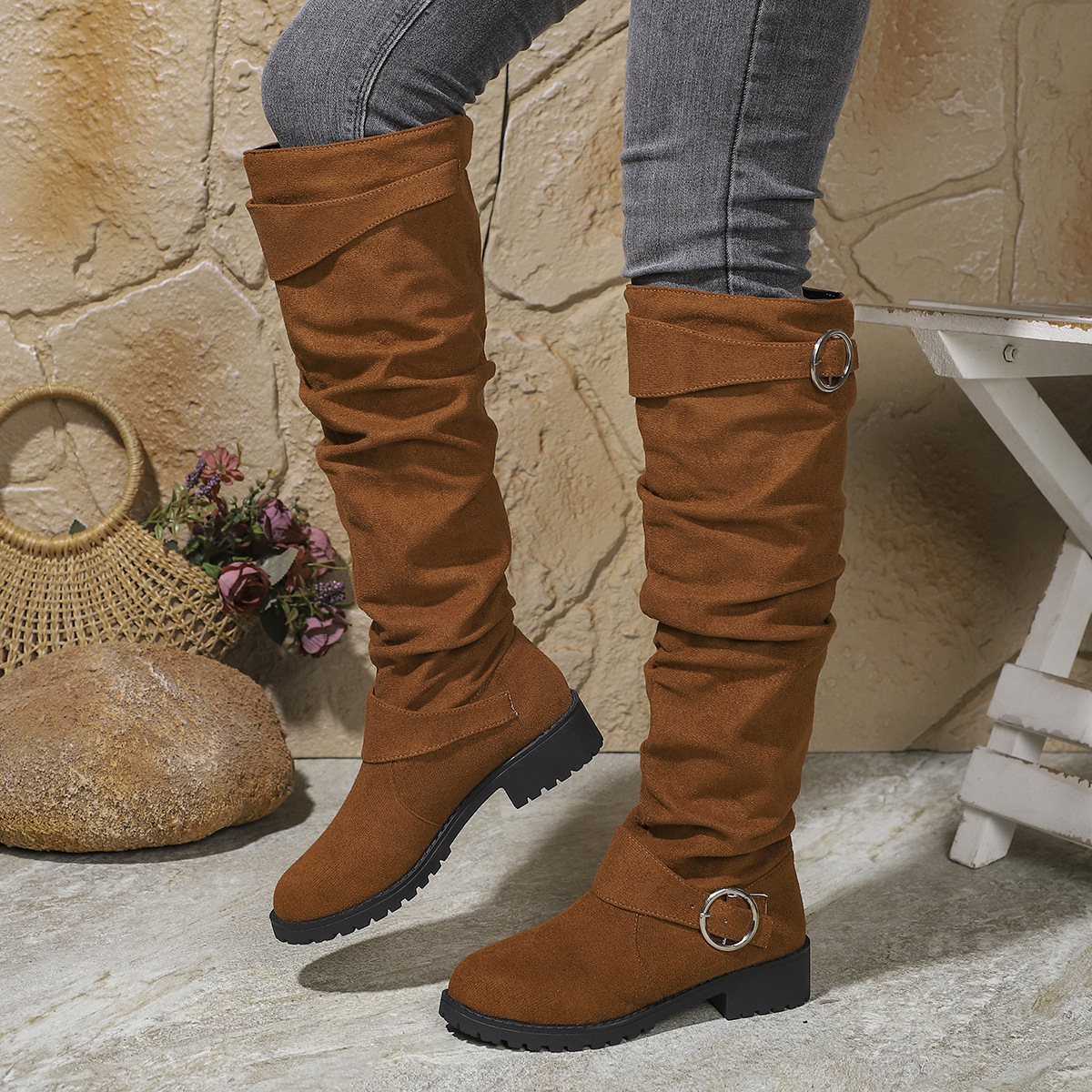 Winter Pleated Buckle High-top Large Size Riding Boots foto 4