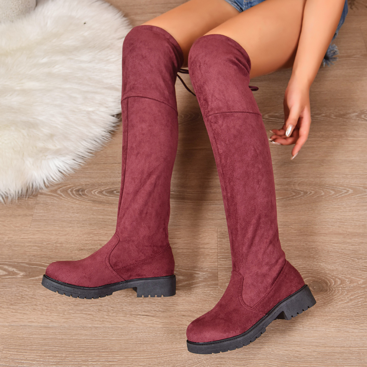 Women's Solid Colored Lace Up Knee High Boots foto 2