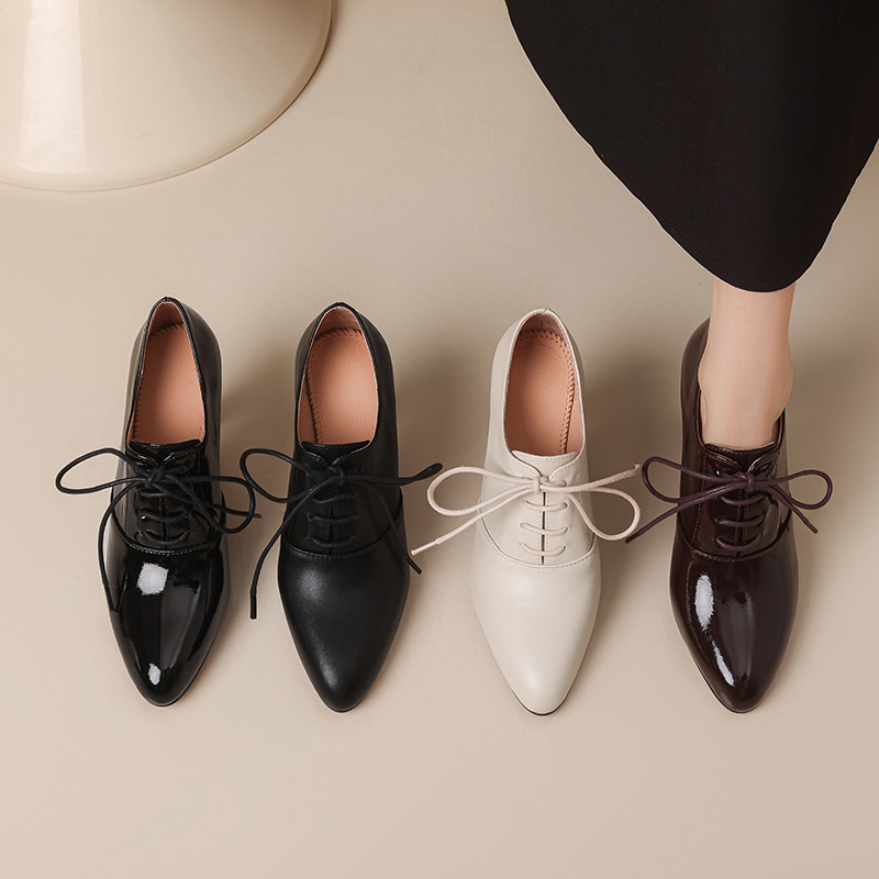 High Heel Lace-up Authentic Leather British Style Pointed Leather Shoes Mid Heel Loafers foto 2