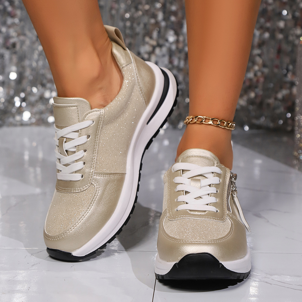 European And American Large Size Flat Bottom Round Head Solid Color Front Lace-up Women's Pumps foto 2