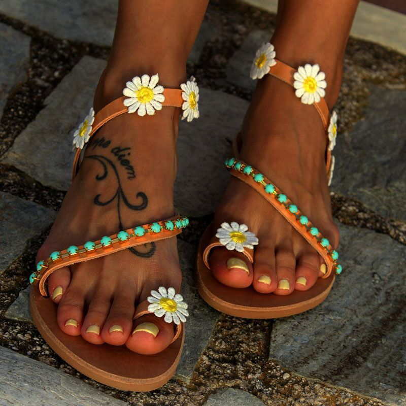 European And American-style Floral Rhinestone Flat Sandals For Women foto 5