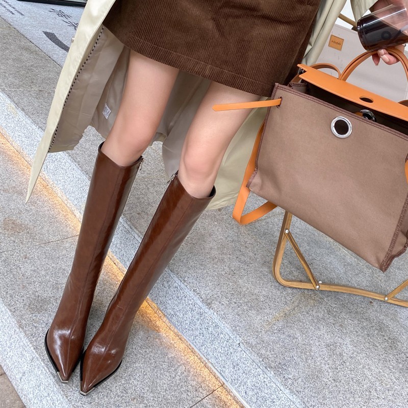 Soft Leather Pointed Toe Thick High Heel Long Boots foto 2
