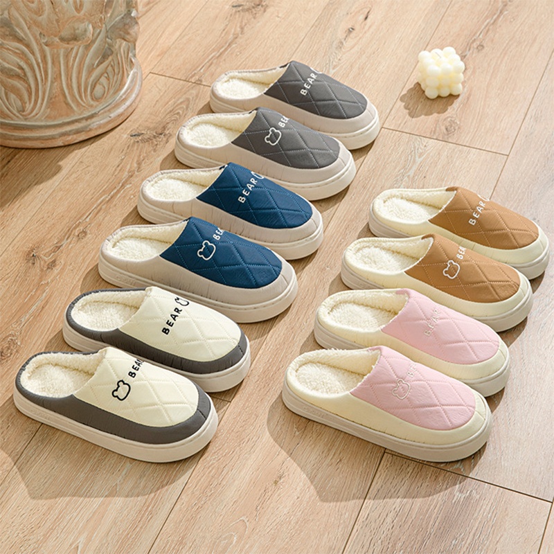 Rhombic Sewing Plush Slippers For Men Winter Warm Non-slip House Shoes Women's Bedroom Floor Home Slipper Couple foto 2