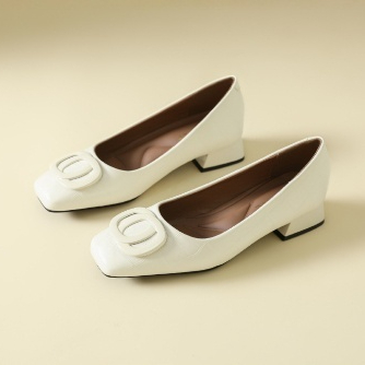 Womens Retro Square-Toe Leather Shoes Low-Heel Chunky-Heel Pumps foto 5