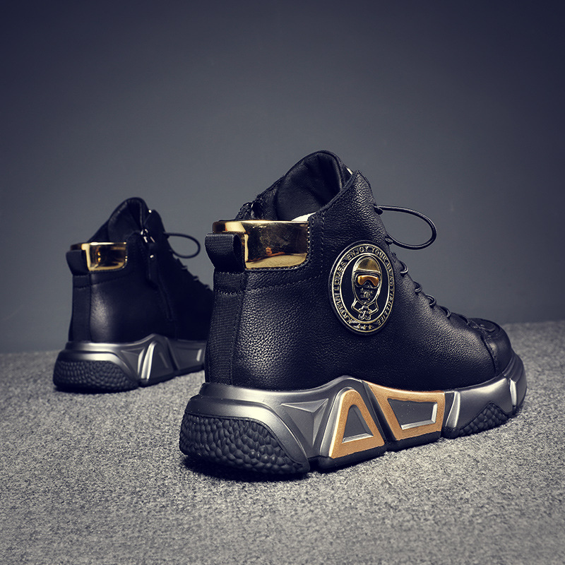 Top Layer Cowhide High-top Shoes Black Cotton Casual Leather Shoes foto 3
