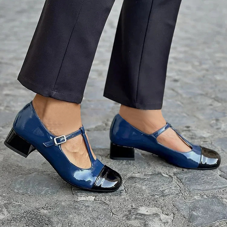 Comfortable Mid Heel Matching T-shaped Buckle With Square Toe Mary Jane Pumps foto 4
