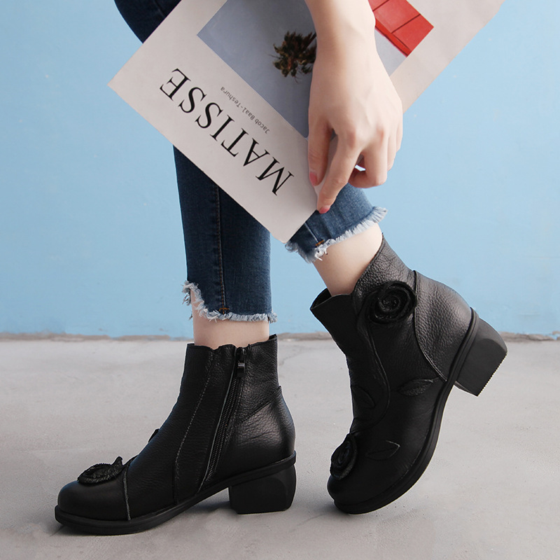 Chunky heel genuine leather ethnic style mid-heel Martin boots, handmade foto 2