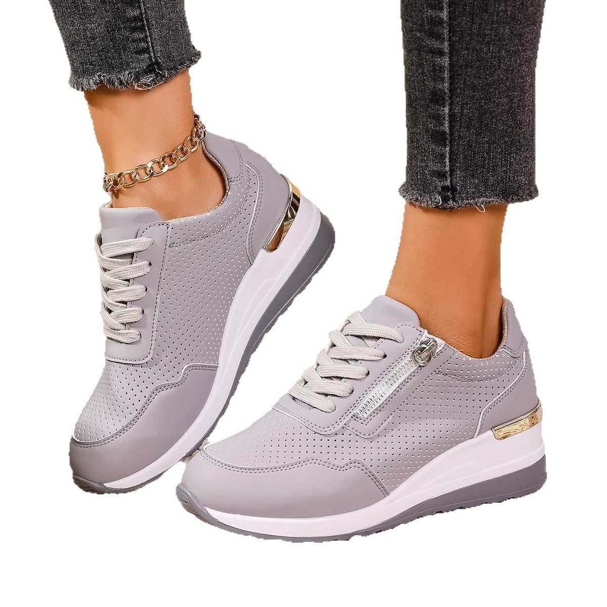 Womens Casual Wedge Mid-heel Lace-up Athletic Shoes foto 4