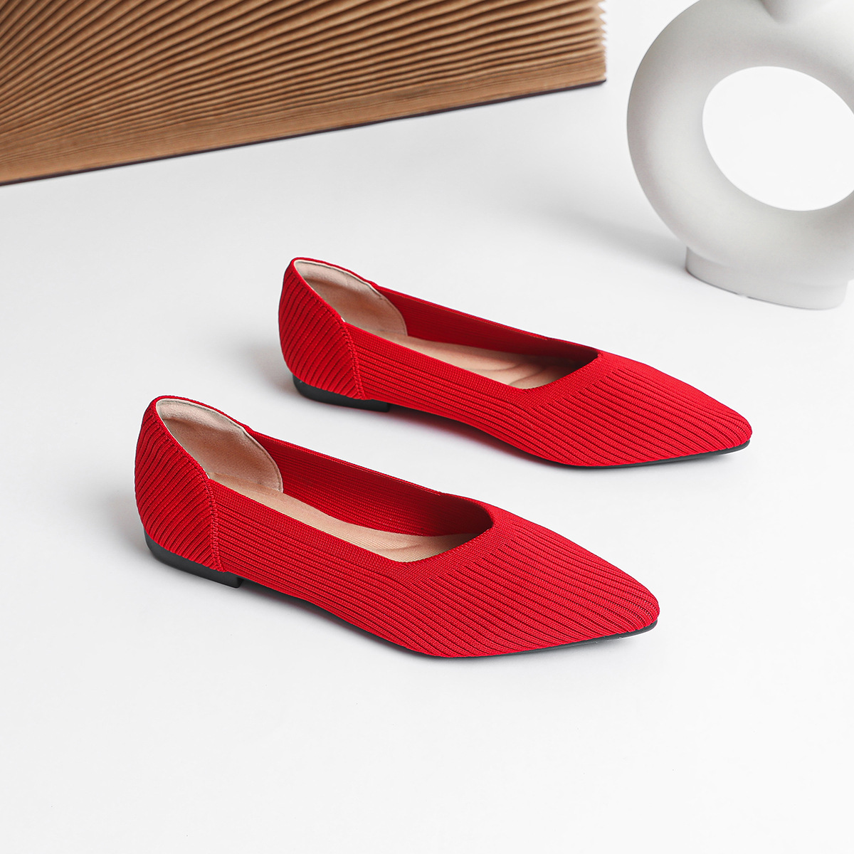 Knit Breathable Shallow Mouth Pointed Flat Bottom Pumps foto 4