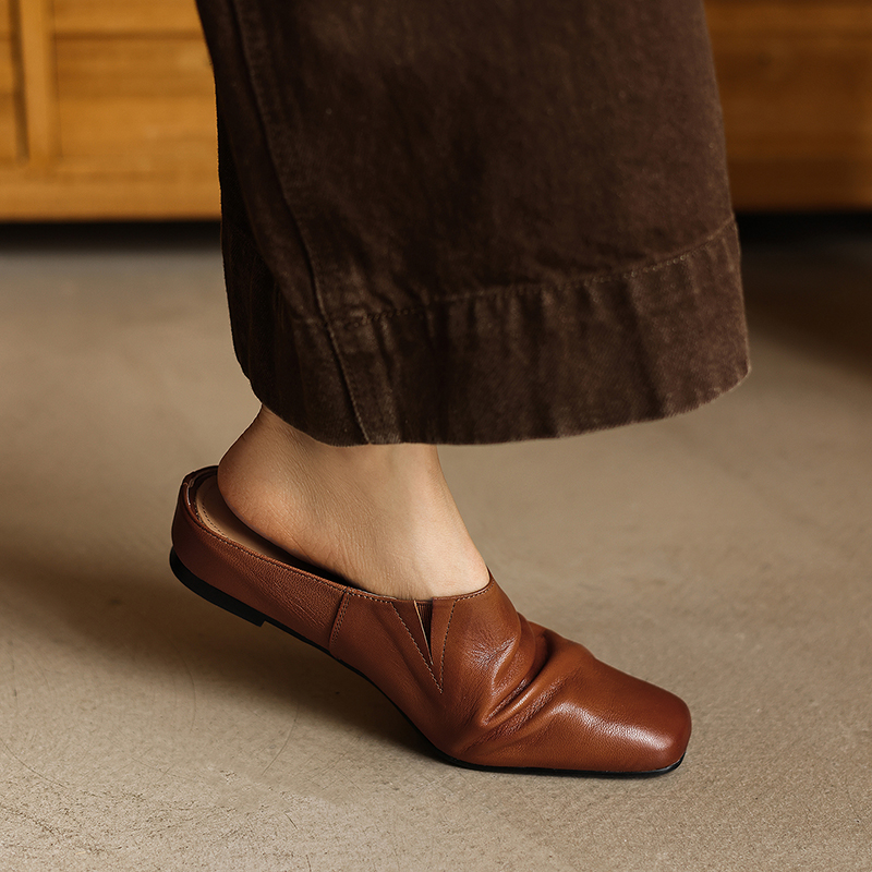 Women's Handmade Full-Grain Sheepskin Ruched Mule Slides, Square-Toe Slip-On Flat Shoes