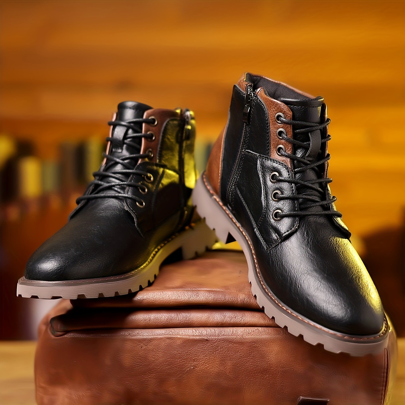 Men's Color Matching Casual Side Zipper Middle Tube Leather Boots foto 5