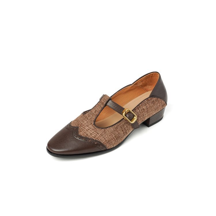 Pumps Women's Low-cut Chunky Heel Mary Jane Stitching T-strap foto 3