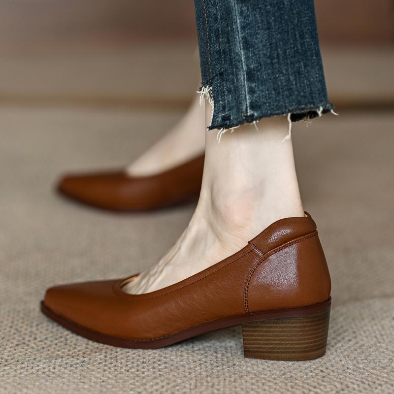 Women's Single Shoes Retro Brown Shallow Mouth Pointed Toe Commuting Mid-heel Anti-slip foto 2