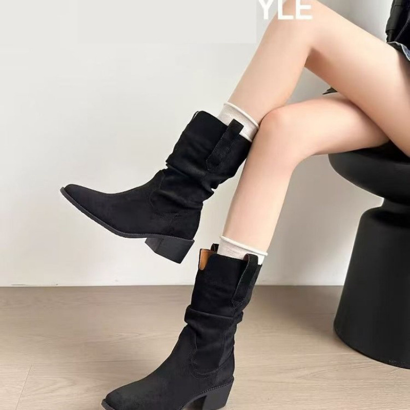 Autumn Western Pleated Short Single Women's Pile Style Boots foto 3