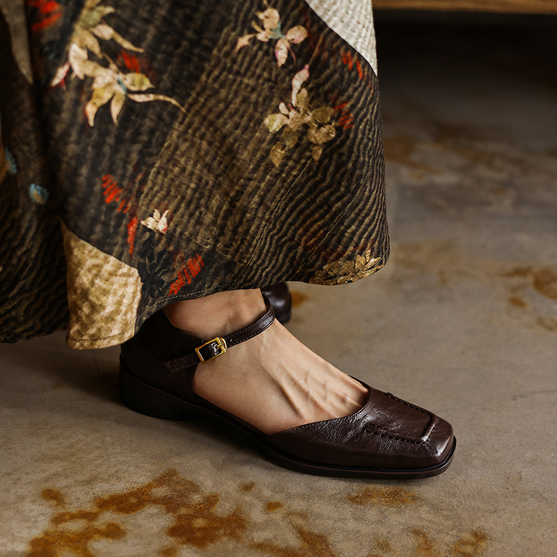 Women's Handmade Full-Grain Sheepskin Mary Jane Sandals, Vintage Square Toe Low Block Heel Shoes foto 3