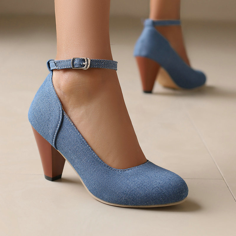 Denim Fabric Women's High Heel Buckle Waterproof Platform foto 2