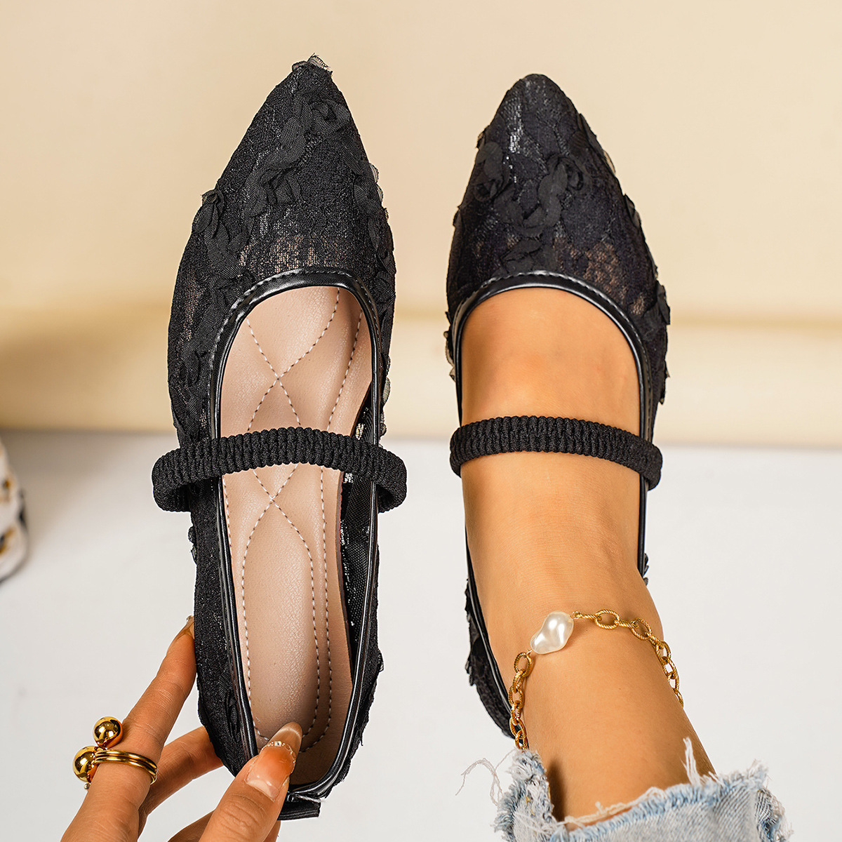 Lace-mesh Pointed-toe Low-cut Flats For Women Flat-bottomed Casual And Breathable foto 3