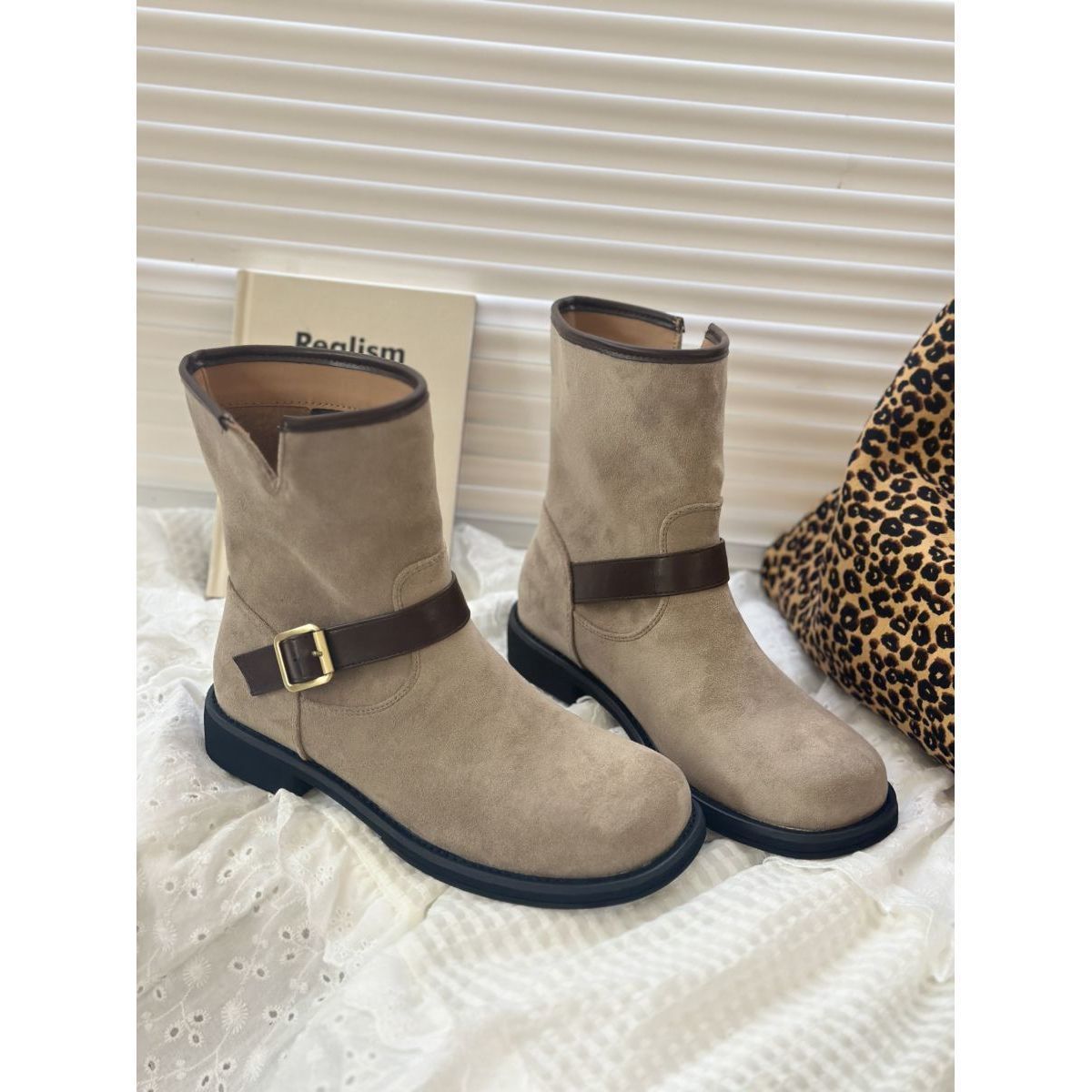 Womens Retro Chunky-Heel Biker Ankle Boots