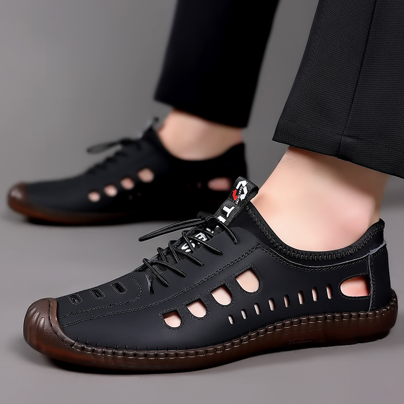 Men's Sandals Hollow Leather Soft Bottom Hole Shoes foto 3