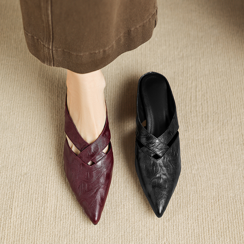 Women's Full-Grain Lambskin Pointed Toe Mules, Handmade Leather Crisscross Low Heel Slides