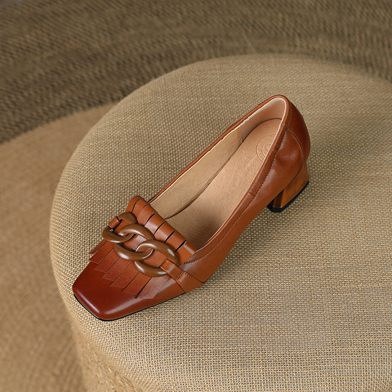 Fringed Chunky-heel Peep-toe Leather Shoes With A Chain Detail