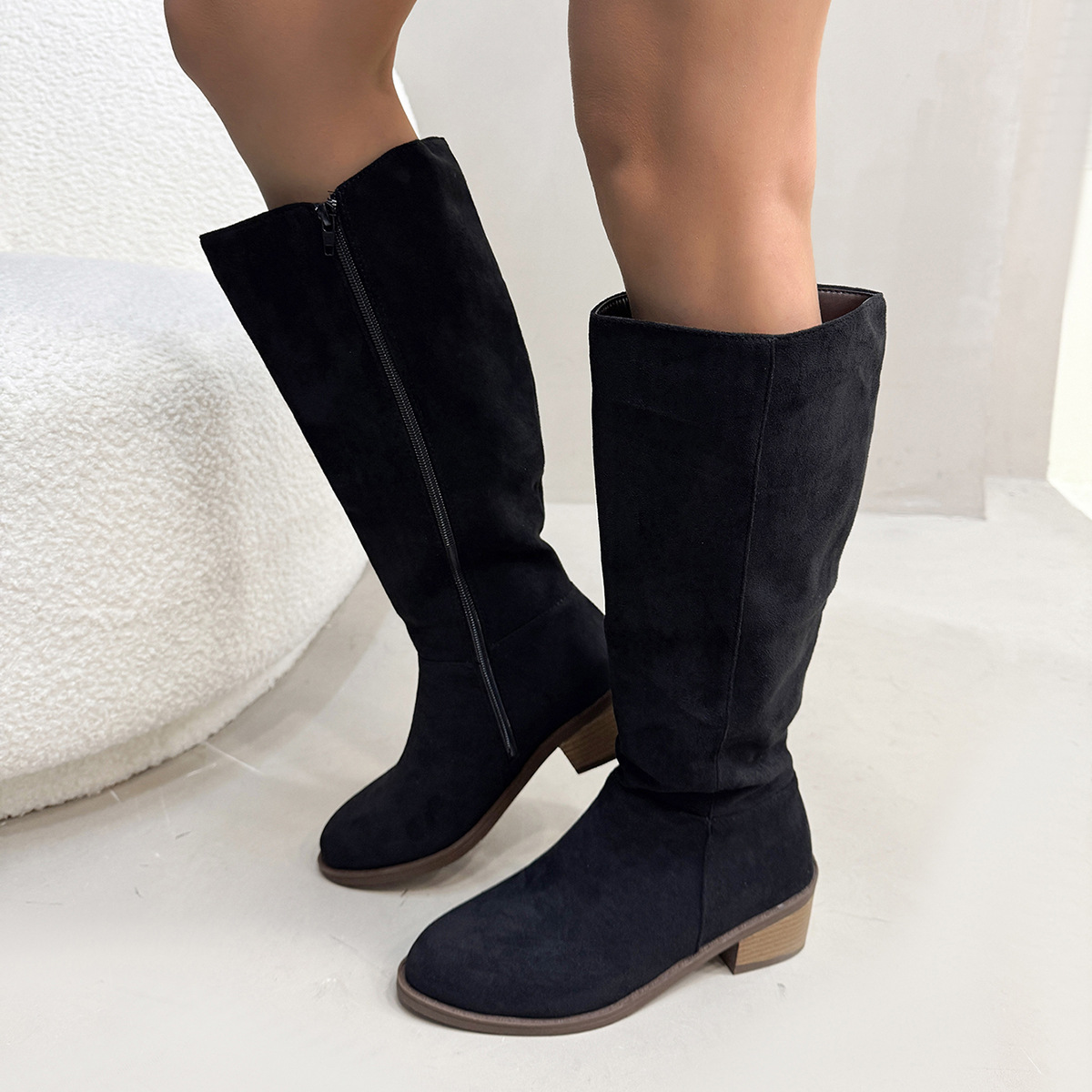 Chunky Heel Small Slim Suede Over The Knee Side Zipper Boots foto 3