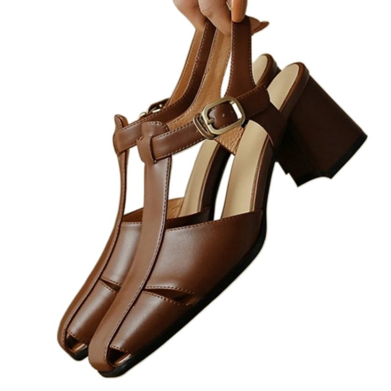 Hollow Retro Closed Toe Chunky Heel Sandals For Women foto 4