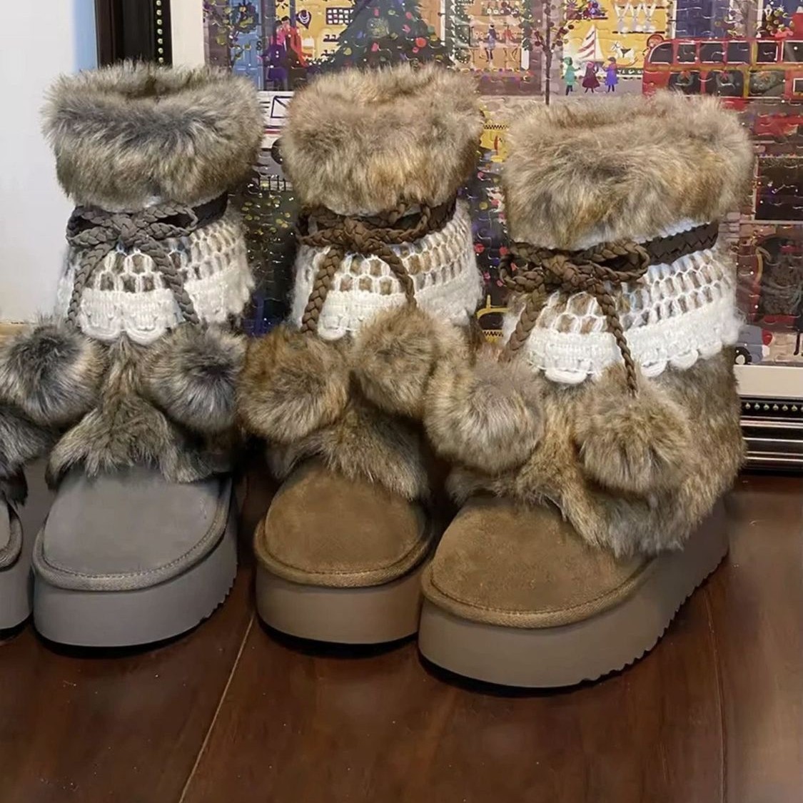 Retro Chunky Brown Boots With Fleece-lined Ankle Boots foto 4