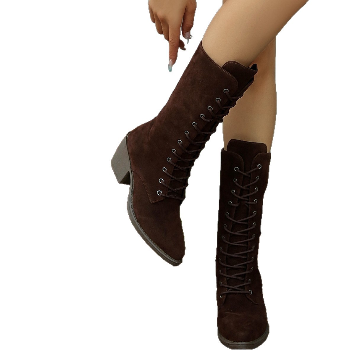 Mid-calf Fashion Suede Lace-up Pointed Chunky Heel Women's Boots foto 3