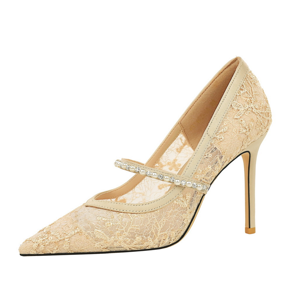 Mesh Rhinestone Pearl Single Strap Stiletto Heels foto 5